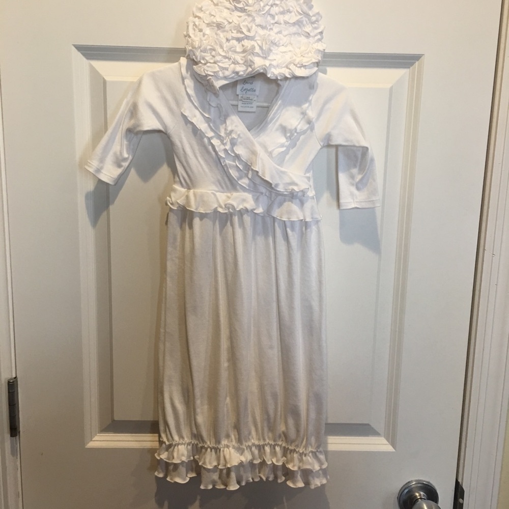 White infant gown with matching bonnet